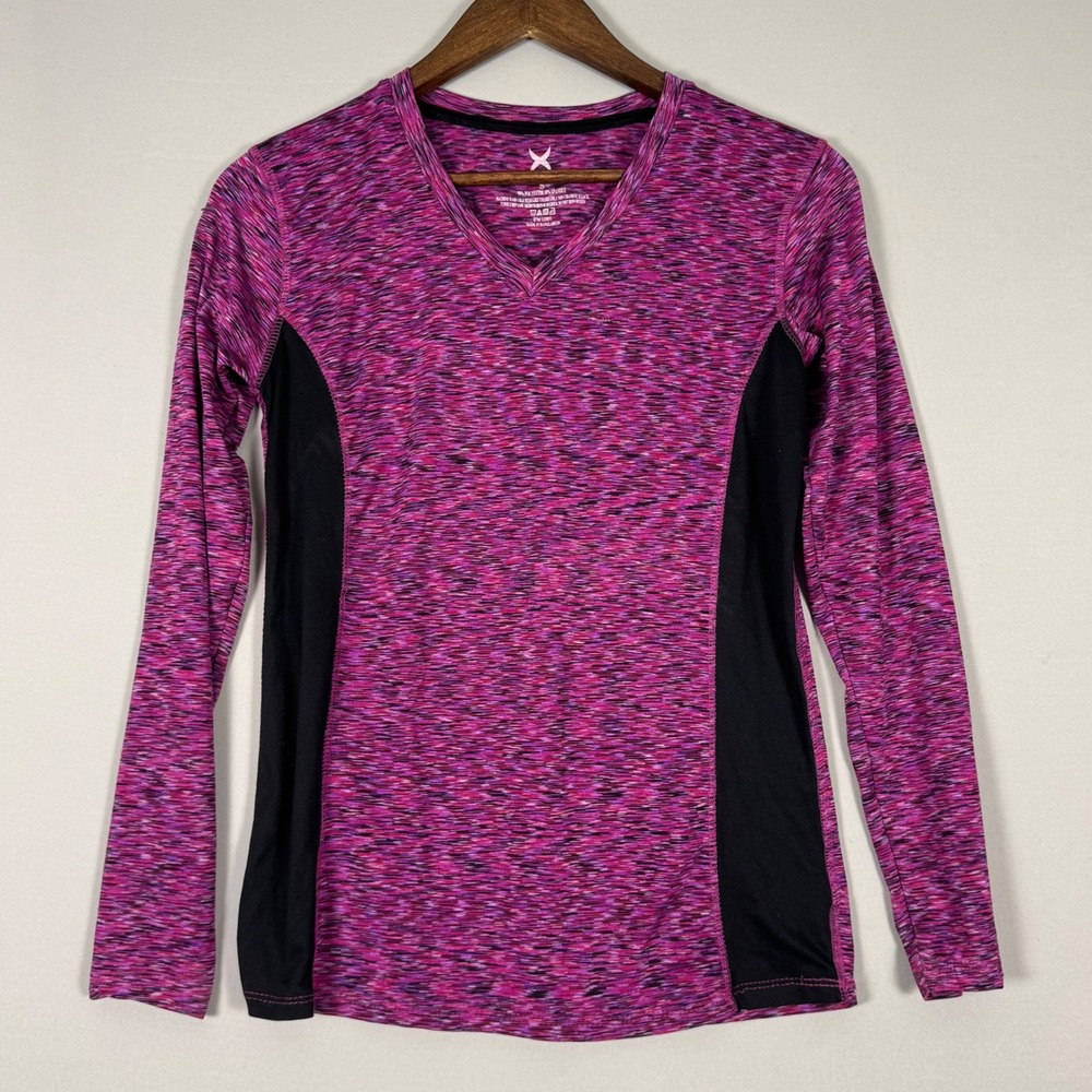 Game Time Active Top Women Small Purple Space Dye Excellent V-Neck Long Sleeve